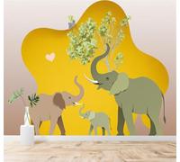 Creatividad Familia De Elefantes Árboles Verdes Forma De Corazón Arte Ilustración 3D Papel Pintado Tapiz Textura de Seda Oficina Comedor Sofá Dormitorio Sala Estar TV Fondo Pantalla-250cm×170cm