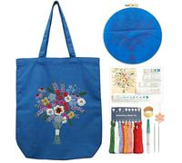 CREAWONDER Kit de bordado de bolsa de lona con patrón para principiantes, artes y manualidades de bordado para adultos, instrucciones, aros de bordado, hilos de color (azul oscuro, CR002
