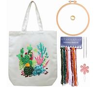 CREAWONDER Kit de bordado de bolsa de lona con patrón para principiantes, artes y manualidades de bordado para adultos, instrucciones, aros de bordado, hilos de color (beige, CR002 xianrenjinhu)