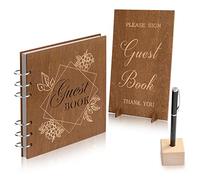 Creawoo Libro de invitados de boda de madera con letrero de mesa, bolígrafo y soporte, libro de visitas con 90 páginas blancas para recepción de boda, aniversario, fiesta de cumpleaños