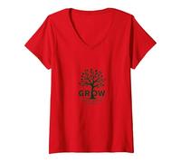 Crece a través de lo Que pasas por un árbol Camiseta Cuello V, Mujer, Rojo, S