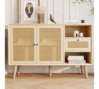 Credenza comò con 1 cassetto e 2 ante magnetiche en ratán intrecciato sulla parte anteriore a porta gambe in legno iccio manico in metallo nero ripiani reabili e 120 x