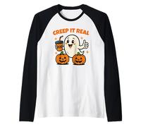 Creep It Real Funny Halloween Cute Ghost and Pumpkin Camiseta Manga Raglan