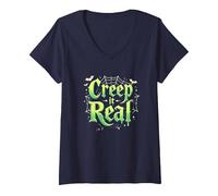 Creep it Real: Tipografía gótica Espeluznante de Halloween Camiseta Cuello V, Mujer, Azul Marino, XL