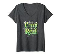 Creep it Real: Tipografía gótica Espeluznante de Halloween Camiseta Cuello V, Mujer, Jaspeado Oscuro, M