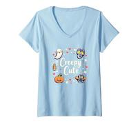 Creepy Cute Halloween Kawaii Ghost Cat Calabaza Murciélago Estrellas Camiseta Cuello V, Mujer, Azul Bebé, XXL