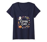 Creepy Cute Halloween Kawaii Ghost Cat Calabaza Murciélago Estrellas Camiseta Cuello V, Mujer, Azul Marino, M