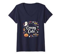 Creepy Cute Halloween Kawaii Ghost Cat Calabaza Murciélago Estrellas Camiseta Cuello V, Mujer, Azul Marino, S