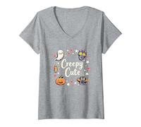 Creepy Cute Halloween Kawaii Ghost Cat Calabaza Murciélago Estrellas Camiseta Cuello V, Mujer, Gris Jaspeado, L