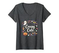 Creepy Cute Halloween Kawaii Ghost Cat Calabaza Murciélago Estrellas Camiseta Cuello V, Mujer, Jaspeado Oscuro, L