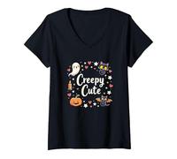 Creepy Cute Halloween Kawaii Ghost Cat Calabaza Murciélago Estrellas Camiseta Cuello V, Mujer, Negro, L