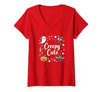 Creepy Cute Halloween Kawaii Ghost Cat Calabaza Murciélago Estrellas Camiseta Cuello V, Mujer, Rojo, XXL