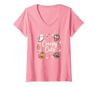 Creepy Cute Halloween Kawaii Ghost Cat Calabaza Murciélago Estrellas Camiseta Cuello V, Mujer, Rosado, XXL
