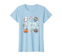 Creepy Cute Halloween Kawaii Ghost Cat Calabaza Murciélago Estrellas Camiseta, Mujer, Azul Bebé, XS
