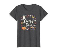 Creepy Cute Halloween Kawaii Ghost Cat Calabaza Murciélago Estrellas Camiseta, Mujer, Jaspeado Oscuro, M