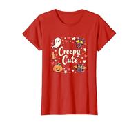 Creepy Cute Halloween Kawaii Ghost Cat Calabaza Murciélago Estrellas Camiseta, Mujer, Rojo, L