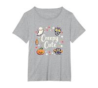 Creepy Cute Halloween Kawaii Ghost Cat Calabaza Murciélago Estrellas Camiseta, Mujer Tallas Grandes, Gris Jaspeado, 1XL Grande