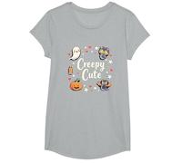 Creepy Cute Halloween Kawaii Ghost Cat Calabaza Murciélago Estrellas Camiseta, Niñas, Gris Jaspeado, Mediano