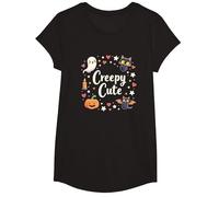 Creepy Cute Halloween Kawaii Ghost Cat Calabaza Murciélago Estrellas Camiseta, Niñas, Negro, Mediano