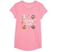 Creepy Cute Halloween Kawaii Ghost Cat Calabaza Murciélago Estrellas Camiseta, Niñas, Rosado, Mediano