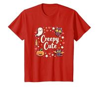 Creepy Cute Halloween Kawaii Ghost Cat Calabaza Murciélago Estrellas Camiseta, Niños, Rojo, 2 años