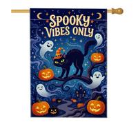 Creepy Mood Only - Bandera de casa de gato con cita de Halloween, 71 x 101 | Sombrero de bruja, bandera de patio, linternas de Jack-o'-linternas, fantasmas juguetones, horizonte nocturno