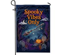 Creepy Mood Only - Bandera de jardín con cita de Halloween, 12 x 18 | Diseño de escoba de bruja, bandera de césped, escena de cementerio, calabazas brillantes, estética de corte de papel