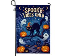 Creepy Mood Only - Bandera de jardín con cita de Halloween, 30,5 x 45,7 cm | Sombrero de bruja, bandera de patio, linternas de Jack-o'-linternas, fantasmas juguetones, horizonte nocturno