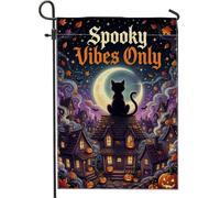 Creepy Mood Only - Bandera de jardín de Halloween con cita de gato de 12 x | Luna creciente, bandera de patio, casa encantada, hojas de otoño que caen, tipografía fantástica, decoración de patio al aire
