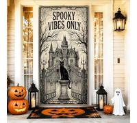 Creepy Mood Only Haunted Mansion - Cubiertas para puerta de Halloween, 91 x | Arquitectura gótica, telón de fondo para puerta delantera, silueta de gato, telarañas intrincadas, estilo de boceto