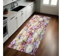 Crema Alfombra de Cocina 50 x 80 cm Flor Rosa Antideslizante y Lavable, Camino Multiusos Resistente al Desgaste, Antimanchas, Ideal para Bajo Fregadero y Fogones