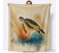 Crema Manta de Franela Ultra Suave 100 x 130 cm Criaturas Submarinas Tortugas Marinas, Manta de Franela Elegante, Calidez para Todas Las Estaciones - Ideal para Sofá Cama o Viajes
