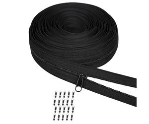 Cremallera continua de 5 mm, color negro, 10 m, con 20 cremalleras, por metros, para ropa de cama, ropa, bolsas, cremallera de nailon resistente, juego infinito, pieza de repuesto para costura
