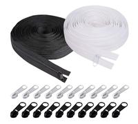 Cremallera Continua de Nailon #3 con Cursor - 10 Metros (5m Negro + 5m Blanco) + 20 Tiradores Metálicos | Cremalleras por Metros para Coser en Ropa, Mochilas & DIY