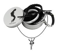 cremtivewmo 5 piezas Pop Music Star Style Stuff, collar de superestrella, pulsera de acero de titanio negro, pulsera tejida a mano, pulsera de silicona blanca y negra, caja de regalo de metal de grado