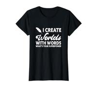 Creo Mundos con Palabras Divertido Escritor Autor Camiseta gráfica económica, Mujer, Negro, L