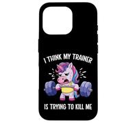 Creo Que mi Entrenador está Tratando de matarme Funny Unicorn Gym Carcasa para iPhone 16 Pro