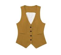 CreoQIJI Chaleco casual de lino para mujer, sin mangas, cuello en V, de un solo pecho, abrigo corto para mujer, amarillo, L