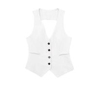 CreoQIJI Chaleco casual de lino para mujer, sin mangas, cuello en V, de un solo pecho, abrigo corto para mujer, Blanco, L