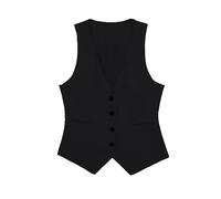 CreoQIJI Chaleco casual de lino para mujer, sin mangas, cuello en V, de un solo pecho, abrigo corto para mujer, Negro , L
