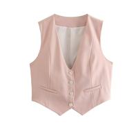 CreoQIJI Chaleco para mujer con cuello en V y botones, moda de verano, elegante, sin mangas, de un solo pecho, ropa de abrigo, chalecos, chalecos casuales para mujer, tallas grandes 50, Rosa., L