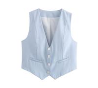 CreoQIJI Chaleco para mujer con cuello en V y botones, moda de verano, elegante, sin mangas, de un solo pecho, ropa de abrigo, chalecos, chalecos casuales para mujer, tallas grandes 50, azul claro, XS