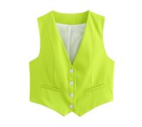 CreoQIJI Chaleco para mujer con cuello en V y botones, moda de verano, elegante, sin mangas, de un solo pecho, ropa de abrigo, chalecos, chalecos casuales para mujer, tallas grandes 50, verde, S
