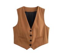CreoQIJI Chaleco para mujer con cuello en V y botones, moda de verano, elegante, sin mangas, de un solo pecho, ropa de abrigo, chalecos, chalecos casuales para mujer, tallas grandes 50, marrón, S