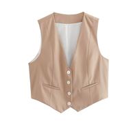 CreoQIJI Chaleco para mujer con cuello en V y botones, moda de verano, elegante, sin mangas, de un solo pecho, ropa de abrigo, chalecos, chalecos casuales para mujer, tallas grandes 50, caqui, S