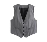 CreoQIJI Chaleco para mujer con cuello en V y botones, moda de verano, elegante, sin mangas, de un solo pecho, ropa de abrigo, chalecos, chalecos casuales para mujer, tallas grandes 50, gris oscuro