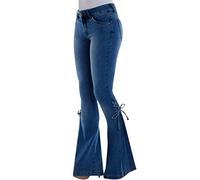 CreoQIJI Flared Jeans Damen High Waist Bootcut Jeans Lang Stretch Schlaghose mit Bowknot Jeanshose Slim Fit Hohe Bund Damenjeans Vintage Klassisch Freizeithose Lässig Bleihose für Alltag, azul oscuro