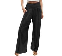 CreoQIJI Pantalones de lino de verano para mujer, informales, de algodón y lino, de un solo color, con goma elástica, pantalones de verano de cintura alta, pantalones de playa con bolsillos,