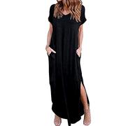 CreoQIJI Vestido corto negro para mujer de verano, sin mangas, cuello en V, con ranura, maxi holgado, vestido bohemio de playa, vestido largo de verano con falda de plato para mujer, Z1130-1-negro, L