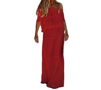 CreoQIJI Vestido de terciopelo para mujer, informal, liso, con un hombro, cintura elástica, manga corta, vestido largo, vestido de encaje, rojo, M